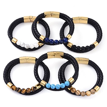Mixed Stone Round Bead Leather Cord Multi-strand Bracelets, with Ion Plating(IP) 304 Stainless Steel Magnetic Clasps, for Men Women, Golden, 8-3/8~8-1/2 inch(21.2~21.5cm), 12~14.5mm