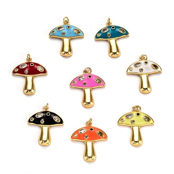 Autumn Theme Real 18K Gold Plated Brass Micro Pave Cubic Zirconia Pendants, with Enamel and Jump Rings, Long-Lasting Plated, Mushroom, Mixed Color, 28x25x3.5mm, Jump Ring: 5x1mm, 3mm Inner Diameter
