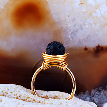 Iron Wire Wrapped Natural Lava Rock Round Beaded Cuff Rings, Golden, Inner Diameter: Adjustable