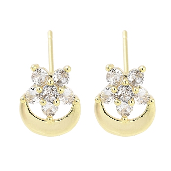 Brass Pave Clear Cubic Zirconia Stud Earring, Moon & Flower, Real 18K Gold Plated, 11x9mm