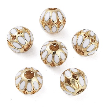 Golden Plated Alloy Enamel European Beads, Large Hole Beads, Round with Flower, White, 14x13mm, Hole: 4.6mm