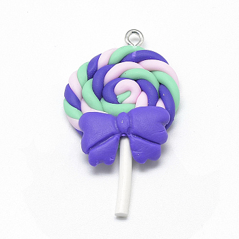 Handmade Polymer Clay Pendants, Lollipop with Bowknot, Mauve, 40~53x27~30x7~9mm, Hole: 2mm