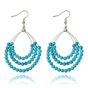Trendy Synthetic Turquoise Beaded Earrings for Girls, with Brass Earring Hooks, Medium Turquoise, 70~75mm