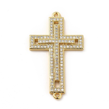 Rack Plating Brass Micro Pave Cubic Zirconia Connector Charms, Religion Cross Charms, Cadmium Free & Lead Free, Real 18K Gold Plated, Clear, 32.5x19x2.5mm, Hole: 1~1.2mm