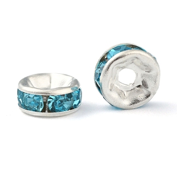Brass Rhinestone Spacer Beads, Grade A, Straight Flange, Silver Color Plated, Rondelle, Aquamarine, 6x3mm, Hole: 1mm