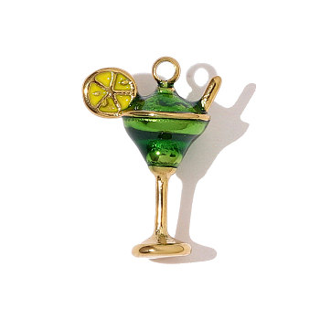 304 Stainless Steel Enamel Pendants, Hand Polished Martini Charm, Ion Plating(IP), Real 18K Gold Plated, Green, 16x11mm