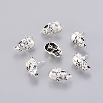 Antique Silver Skull Shaped Tibetan Style Alloy Stud Earring Findings, with Loop, Lead Free & Nickel Free, 16x9mm, Hole: 2mm, Pin: 1mm