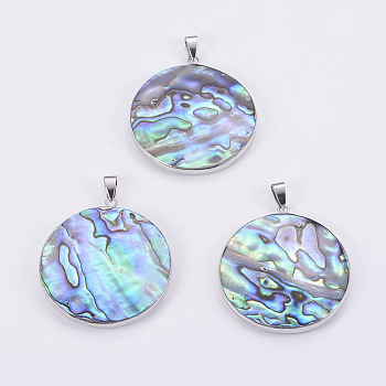 Abalone Shell/Paua Shell Pendants, with Platinum Tone Brass Bail, Flat Round, 45x41x6~7mm, Hole: 4.5x8mm