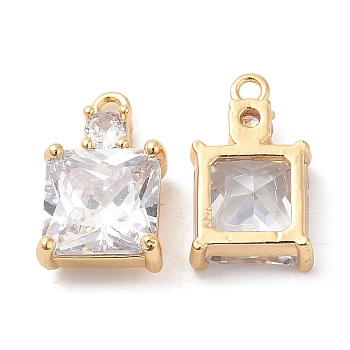 Brass Pendants, with Clear Glass, Square Charm, Real 18K Gold Plated, 14x9x5mm, Hole: 1.4mm