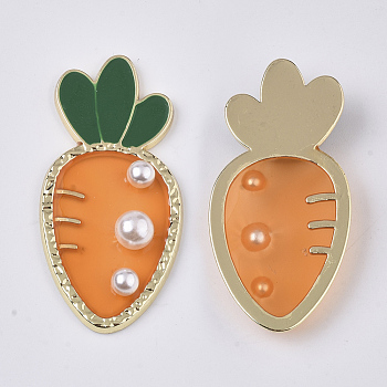 Epoxy Resin Cabochons, with ABS Plastic Imitation Pearl and Light Gold Plated Brass Open Back Bezel, Carrot, Dark Orange, 37.5x18.5x5mm