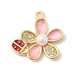 Valentine's Day Brass Micro Pave Clear Cubic Zirconia Pendants, with Enamel and ABS Plastic Imitation Pearl, Flower Charms, Cadmium Free & Lead Free, Long-Lasting Plated, Rack Plating, Real 18K Gold Plated, 17x18x5mm, Hole: 1.4mm(KK-Z160-07G)