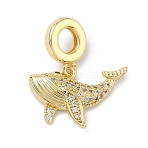 Brass Micro Pave Clear Cubic Zirconia Sea Animals European Dangle Charms, Large Hole Pendants, Real 18K Gold Plated, Cadmium Free & Lead Free, Long-Lasting Plated, Rack Plating, Whale, 23mm, Hole: 5mm, Pendant: 14x20x3.5mm(KK-Z143-02G-05)