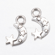 Tibetan Style Alloy Pendants, Moon & Star, Cadmium Free & Lead Free, Antique Silver, 18x11x1mm, Hole: 3mm(X-TIBE-S299-044AS-RS)