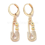 Real 18K Gold Plated Brass Dangle Leverback Earrings, with Enamel and Cubic Zirconia, Safety Pin with Evil Eye, Yellow, 36.5x8mm(EJEW-L269-016G-04)