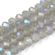 Electroplate Glass Beads Strands, Imitation Jade Beads, Half Plated, Rainbow Plated, Faceted, Rondelle, Gray, 8x6mm, Hole: 1mm, about 65~68pcs/strand, 15.7~16.1 inch(40~41cm)(EGLA-A034-J8mm-L09)