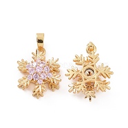 Brass Micro Pave Cubic Zirconia Pendants, Real 18K Gold Plated, Snowflake Charm, Pink, 19x14x8mm, Hole: 5x2.5mm(KK-E068-VC298)