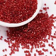 Cylinder Seed Beads, Silver Lined, Round Hole, Uniform Size, Red, 2x1.5mm, Hole: 0.8mm, about 40000pcs/bag, about 450g/bag(SEED-H001-G07)