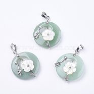 Natural Green Aventurine Pendants, with Shell, Rhinestone and Platinum Tone Brass Findings, Flat Round with Flower, 35.5~36x28x8mm, Hole: 5x8mm(G-F546-A06)