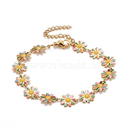 Enamel Daisy Link Chains Bracelet, PVD Vacuum Plating 304 Stainless Steel Jewelry for Women, Golden, Green, 7-1/4 inch(18.4cm)(BJEW-P271-01G-02)