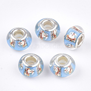 Resin European Beads, Large Hole Beads, with Brass Cores, Christmas Style, Rondelle, Silver Color Plated, Light Sky Blue, 13.5~14x9~9.5mm, Hole: 5mm(RPDL-S014-08)