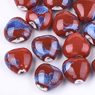 Handmade Porcelain Beads, Fancy Antique Glazed Porcelain, Heart, Dark Red, 14~15x16x9~10mm, Hole: 2mm(PORC-S498-15A-03)