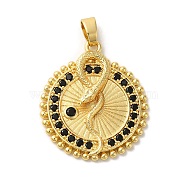 Rack Plating Brass Micro Pave Cubic Zirconia Pendants, Long-Lasting Plated, Lead Free & Cadmium Free, Flat Round with Snake, Golden, Black, 25x22x3.5mm, Hole: 4.5x3mm(KK-U022-12B-G)