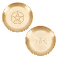 2Pcs 2 Style 201 Stainless Steel Candle Holder, Tarot Theme Tealight Tray, Home Tabletop Centerpiece Decoration, Flat Round with Triple Moon & Pentagram Pattern, Golden, 14.1x1.1cm, Inner Diameter: 13.5cm, 1pc/style(AJEW-UN0001-41A)