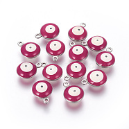 304 Stainless Steel Enamel Charms, Flat Round with Evil Eye, Stainless Steel Color, Medium Violet Red, 13x10x5mm, Hole: 1.4mm(STAS-O123-C-07P)