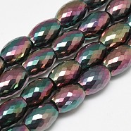 Electroplate Glass Beads Strands, Rainbow Plated, Faceted, Oval, Teal, 11~12x8mm, Hole: 1mm, about 60pcs/strand, 27.56 inch(EGLA-Q089-A02)