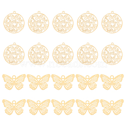 40Pcs 2 Styles 201 Stainless Steel Filigree Pendants, Etched Metal Embellishments, Butterfly, Real 18K Gold Plated, 22.5x20.5x0.4mm, Hole: 1.5mm, 20pcs/style(STAS-UN0035-73)