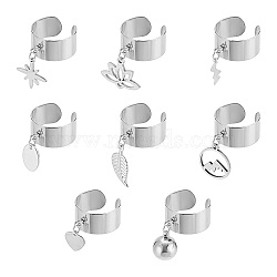 8Pcs 304 Stainless Steel Cuff Rings, with Stainless Steel Charms, Mixed Shapes, Stainless Steel Color, 33~39mm(RJEW-UN00038)