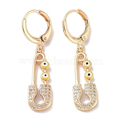 Real 18K Gold Plated Brass Dangle Leverback Earrings, with Enamel and Cubic Zirconia, Safety Pin with Evil Eye, Yellow, 36.5x8mm(EJEW-L269-016G-04)