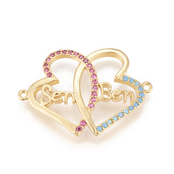 Eco-Friendly Brass Micro Pave Cubic Zirconia Links, Long-Lasting Plated, Lead Free & Cadmium Free & Nickel Free, Heart with Word Sen & Ben, Colorful, Real 18K Gold Plated, 21x29x2.5mm, Hole: 1mm(ZIRC-L078-017G-NR)