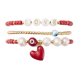 3Pcs 3 Style Natural Pearl & Glass & Acrylic Word Stretch Bracelets Set, Evil Eye & Brass Heart Stackable Bracelets for Valentine's Day, Red, Inner Diameter: 2-1/4 inch(5.8cm), 1Pc/style(BJEW-TA00319)