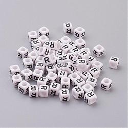 Letter R White Cube Letter Acrylic Beads, Horizontal Hole, Size: about 6mm wide, 6mm long, 6mm high, hole: about 3.2mm, about 300pcs/50g(X-PL37C9308-R)