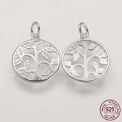 925 Sterling Silver Pendants, Flat Round with Tree of Life Tree, Silver, 16x14x2mm, Hole: 3mm(STER-K029-01S)
