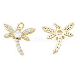 Brass Micro Pave Clear Cubic Zirconia Pendants, with Brass Jump Rings, Nickel Free, Dragonfly, Real 18K Gold Plated, 18.5x20x4mm, Jump Ring: 5mm in diameter, 1mm thick, 3mm inner diameter(ZIRC-N039-265)