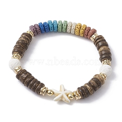 Dyed Natural Lava Rock & Coconut & Synthetic Turquoise Beaded Stretch Bracelet, Colorful, Starfish, Inner Diameter: 2-1/8 inch(5.5cm)(BJEW-JB10061-01)