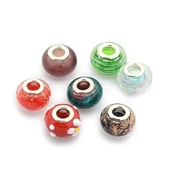 Mixed Handmade Lampwork Gold Sand European Large Hole Rondelle Beads, with Silver Color Plated Brass Double Cores, Mixed Color, 14x9mm, Hole: 5mm(LPDL-M013-M)