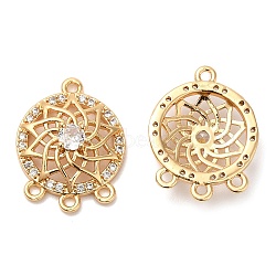 Brass with Glass Chandelier Component Links, Flat Round with Flower, Real 18K Gold Plated, 19x14x5mm, Hole: 1.2mm(KK-B074-21G)