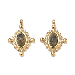 Natural Labradorite Faceted Pendants, 304 Stainless Steel Oval Bezeled Charms, Ion Plating(IP), Real 14K Gold Plated, 13x9x3mm, Hole: 1.2mm(GG-CBA50CD-07G-01)
