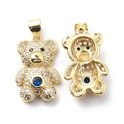 Brass Cubic Zirconia Pendants, Bear Charm, Real 18K Gold Plated, Medium Blue, 21.5x13.5x5.5mm, Hole: 3.5x4.5mm(KK-G446-26G-04)