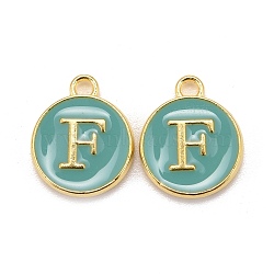 Golden Plated Alloy Enamel Charms, Cadmium Free & Lead Free, Enamelled Sequins, Flat Round with Letter, Turquoise, Letter.F, 14x12x2mm, Hole: 1.5mm(ENAM-S118-05F)