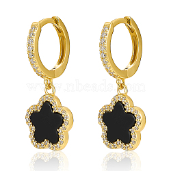 S925 Silver Dyed & Heated Black Agate Zircon Hoop Earrings, Flower Charms(YE5756-1)