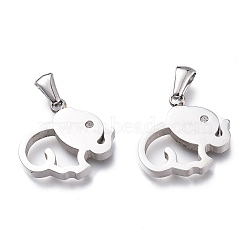 304 Stainless Steel Pendants, with Crystal Rhinestone, Manual Polishing, Hollow, Elephant, Stainless Steel Color, 19x20x3mm, Hole: 6x2.5mm(STAS-Z006-04P)