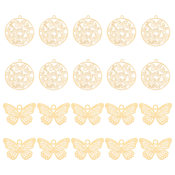 40Pcs 2 Styles 201 Stainless Steel Filigree Pendants, Etched Metal Embellishments, Butterfly, Real 18K Gold Plated, 22.5x20.5x0.4mm, Hole: 1.5mm, 20pcs/style