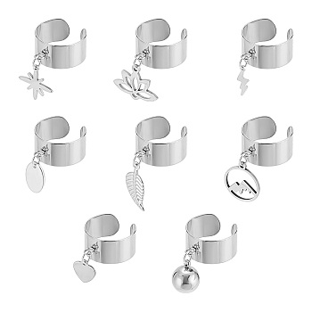 8Pcs 304 Stainless Steel Cuff Rings, with Stainless Steel Charms, Mixed Shapes, Stainless Steel Color, 33~39mm