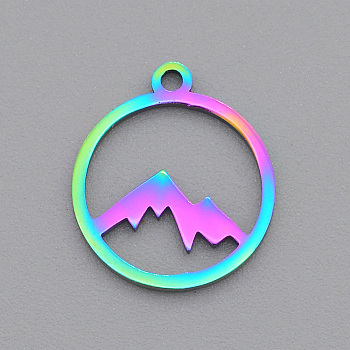 Ion Plating(IP) 201 Stainless Steel Laser Cut Pendants, Mountain, Rainbow Color, 14x12x1mm, Hole: 1mm