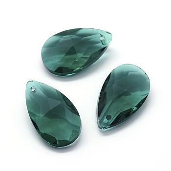 Faceted Glass Pendants, Teardrop, Green, 22x13x8.5mm, Hole: 1mm