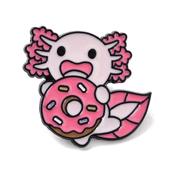 Axolotl with Donut Alloy Enamel Brooches, Hexagonal Dinosaur Enamel Pins, for Backpack Clothes, Deep Pink, 26x29.5x1.4mm